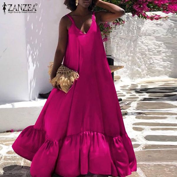 

casual dresses bohemian women dress zanzea 2021 summer patchwork ruffle maxi vestido solid strap sundress lady loose robe, Black;gray