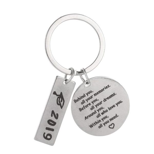 

keychains graduation letters print key chain round stainless steel keyring for car bag student chains women pendant jewelry gift, Silver