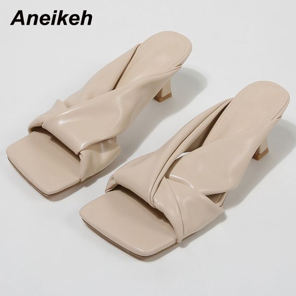 

pu women summer head peep toe slippers rome elegant thin high heel fashion pleated shallow party slides leisure 210507, Black