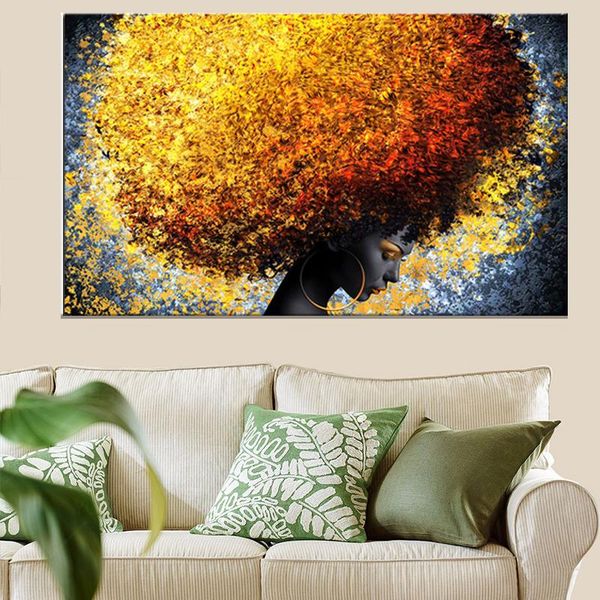 

paintings black african woman abstract canvas posters and prints golden wild-curl up on the wall art pictures