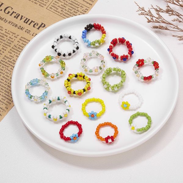

cool handmade woven ins style multicolor flower seedbeads ring jewelry for gift, Silver