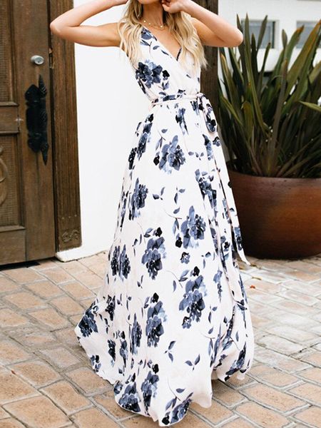 

casual dresses oversized dress women flower printed maxi summer beach bohemian sleeveless v-neck belt big swing party white, Black;gray