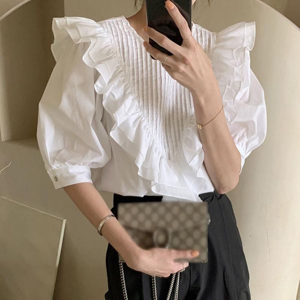 

women's polos autumn 2021 korean fashion french retro solid color ruffle blouse round neck puff sleeve pleated splicing temperament cas, White