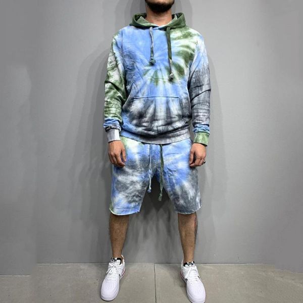 

men's tracksuits shorts blue tie dyed fashion hooded sweater cotton leisure long sleeve spring and autumn sports suit men sets, Gray