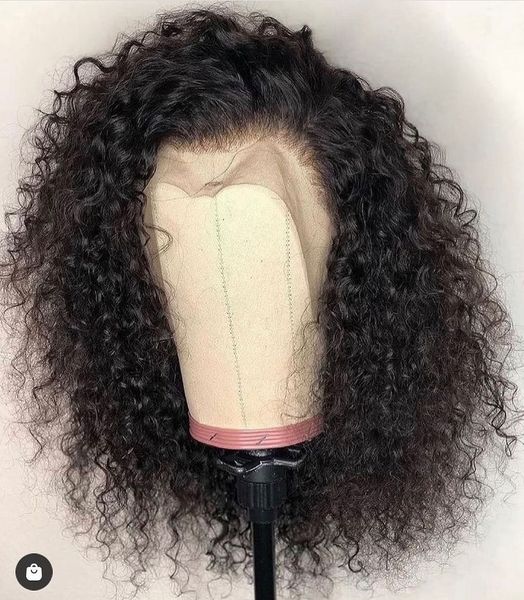 

black color 14 inch blunt short bob kinky curly synthetic lace front wig for fashion women with baby hair heat resistant fiber pre plucked g, Black;brown