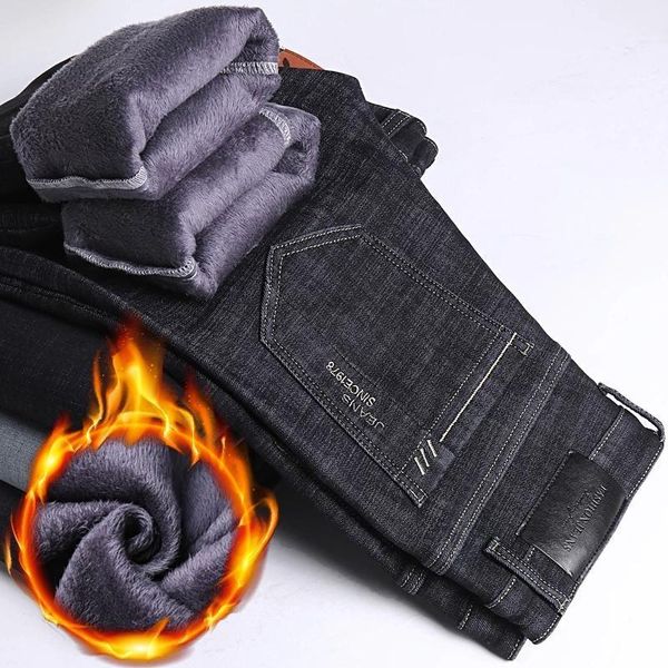 

men's jeans winter thermal warm flannel stretch mens quality brand fleece pants men straight velvet flocking trousers 28-40, Blue