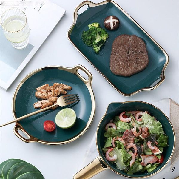 

dishes & plates nordic style creative phnom penh dark green ceramic plate handle binaural tableware set hourglass fruit dish