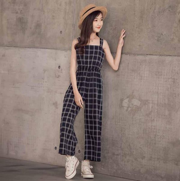 

jumpsuits cultiseed big girls summer vintage plaid fake 2pc wide leg sleeveless vest overalls children kids casual rompers, Blue