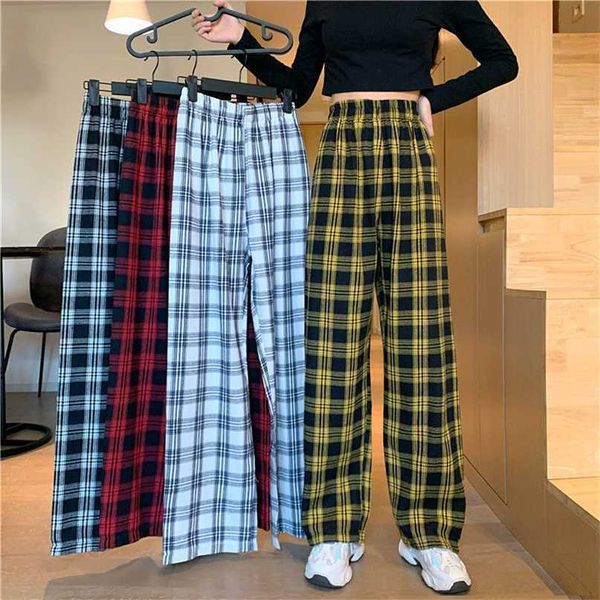 

checkered pants for women vintage plaid fashion korean style wide leg summer blue harajuku oversized trousers 211115, Black;white