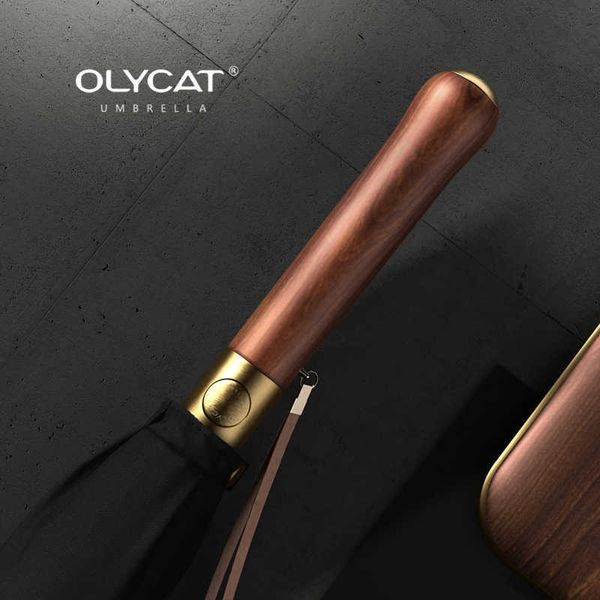 Luxury OLYCAT Wooden Handle Automatic Umbrella - Windproof & Rain Resistant for Men & Women (Black)