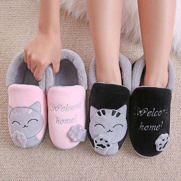 

slippers women's house shoes women warm home couple female plush cat animal ladies slip on flats woman plus size 36-45, Black