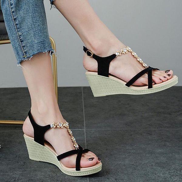 

women shoes platform sandals open toe high wedges heel ankle buckles sandalia espadrilles female roman, Black