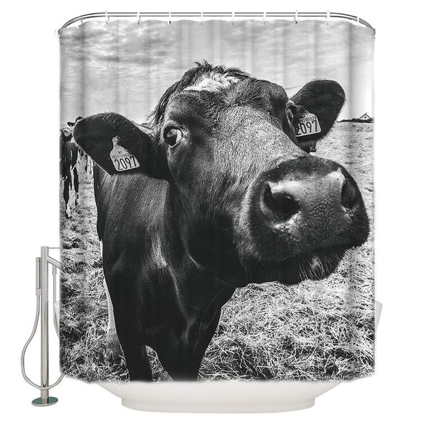 

72" x 78" shower curtain with hooks, vintage ranch cow on a gray background - waterproof polyester cloth bath curtains sets for