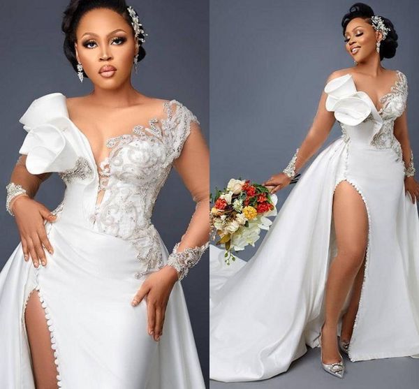 

2022 arabic aso ebi mermaid wedding dress illusion neck lace crystals side split detachable train ruffles bridal gown vestidos de noiva, White