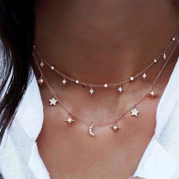 

bohemian women multilayer irregular crystal rhinestones star moon choker necklace jewelry fashion statement gift chokers, Golden;silver
