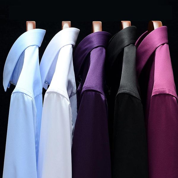 

sell pure color casual business slim fit long sleeve dress shirts for social work navy blue dark green red purple camisa men's, White;black