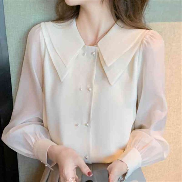 

long sleeve chiffon blusas women shirt mujer de moda turn down collar blouses, White