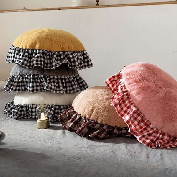 

pillow case ruffled round fur cushion cute splicing edge solid color soft with core sofa chair bed home decor