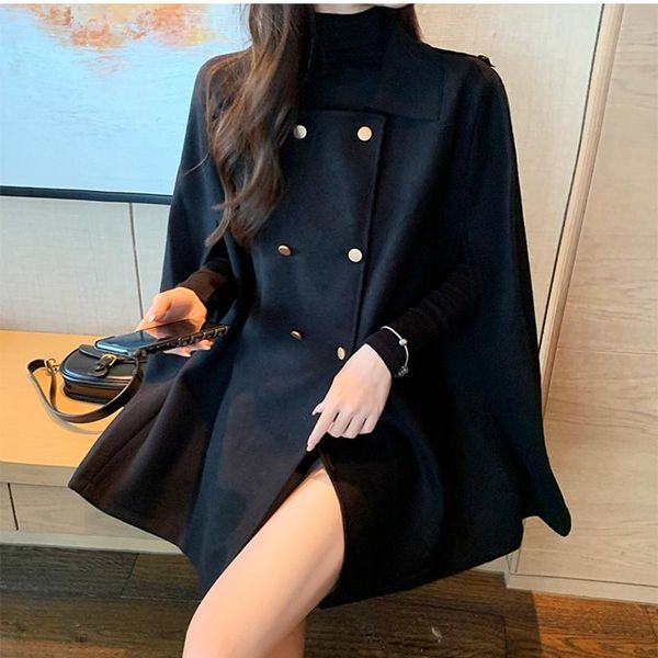 

women's wool & blends woolen coat wild loose cloak autumn and winter warm blend ladies elegant double breasted shawl cardigan, Black