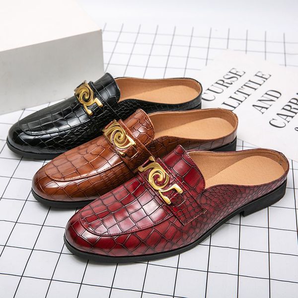 

2022 new lazy slippers men's pu leather stone pattern baotou slippers for teenagers zapatillas hombredh766, Black