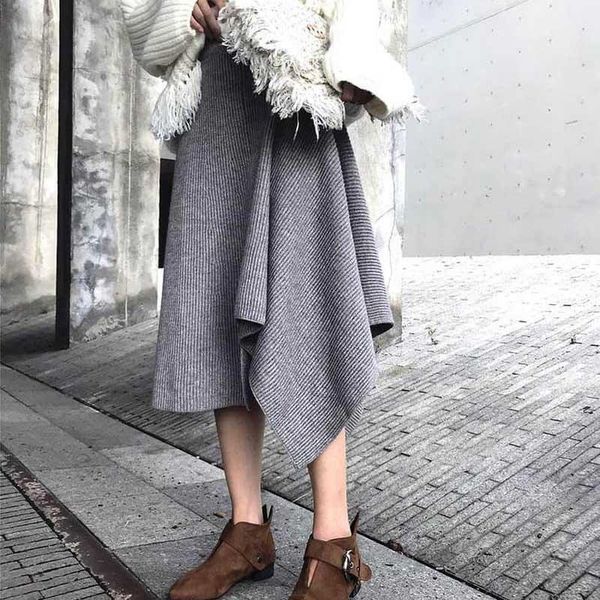 Saias 2021 mulheres outono inverno longo saia assimétrica casual estilo coreano moda feminina elegante
