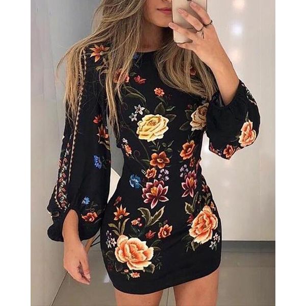 

casual dresses 2021 vintage women cutout back floral print dress long bishop sleeve black bodycon, Black;gray