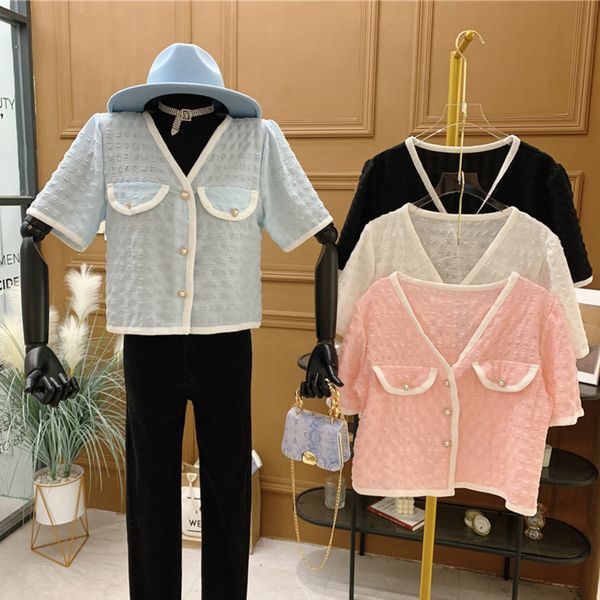 

women's knits & tees shirts women short sleeve casual v-neck summer crop korean sweet fashion blusas mujer all-match blouses f, White