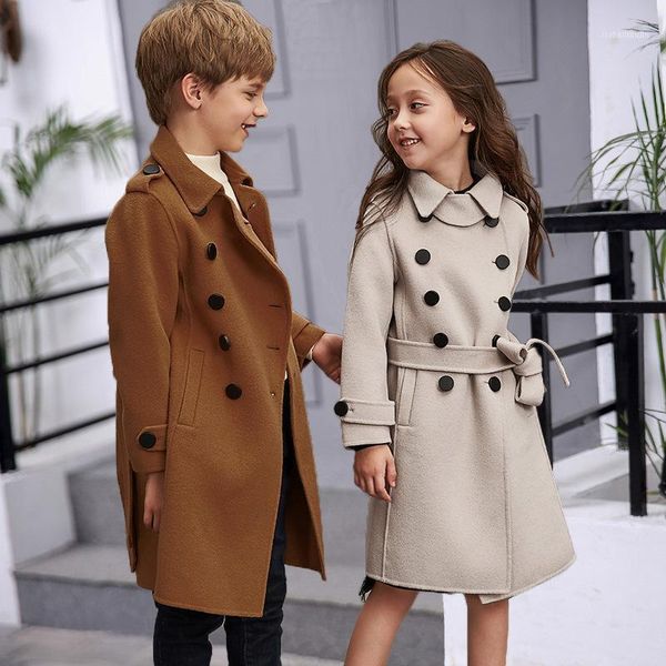 

coat 2021 autumn winter boys woolen thicken girls wool fashion trench children outerwear long jacket1, Blue;gray
