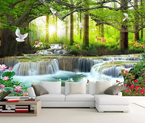 

wallpapers cjsir custom nature landscape 3d wallpaper green big tree forest waterfall deer living room bedroom
