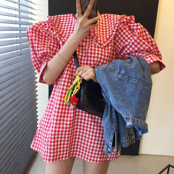 

casual dresses dress women clothesyoung ear baby collar wide loose small bubble sleeve plaid 5hlo, Black;gray