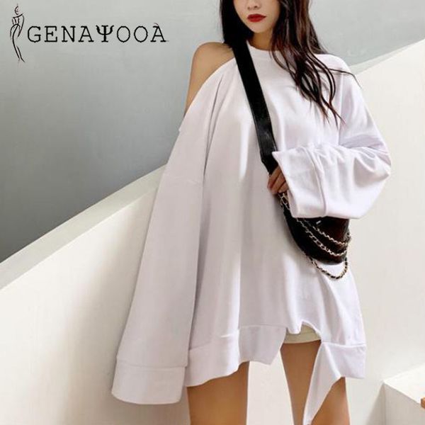 

genayooa harajuku t shirt women sleeve casual loose long t-shirt cotton hollow out tee streetwear female tshirt 210417, White