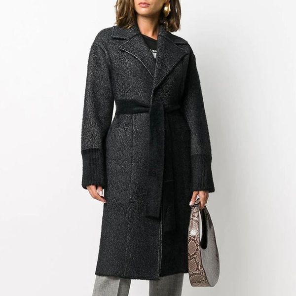 

women's wool & blends black herringbone feather yarn slippery wrap women coat