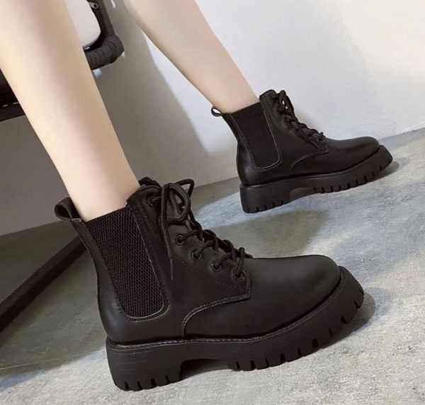 

boots fashion european style black ankle flats round toe lace-up woman platform patent leather shoes