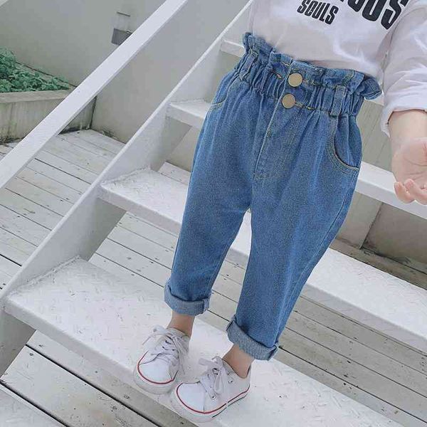 Новые корейские мальчики и девочки высокая талия джинсы детские кнопки Длинные брюки Детские упругие ремня нижняя одежда 210331