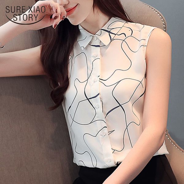 

summer fashion blouse shirts lapel sleeveless ladies temperament thin women shirt office lady short 3391 50 210415, White