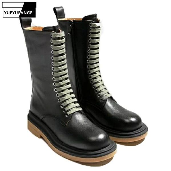 

100% genuine leather mid-calf boots women fashion autumn round toe knight england style lace up platform biker shoes, Black
