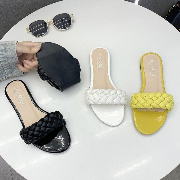 

women slippers flat heel braid sandals casual summer outside beach holiday wear shoes slides flats 2021 slipper 7h91, Black