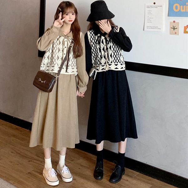 

casual dresses vintage chic slim waist long sleeve design vestidos fall 2021 arrivals leisure woman dress sweet simple solid midi robe, Black;gray