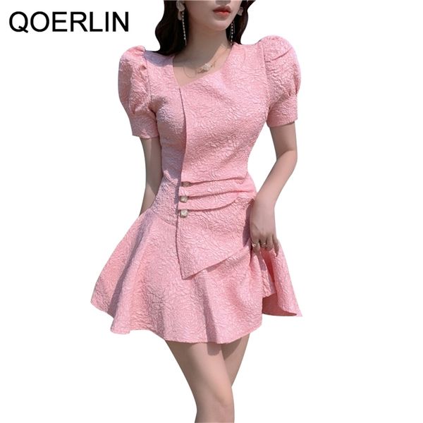 

women pink dress summer short sleeve a-line elegant female solid irregular collar puff white vestidos mujer 210601, Black;gray