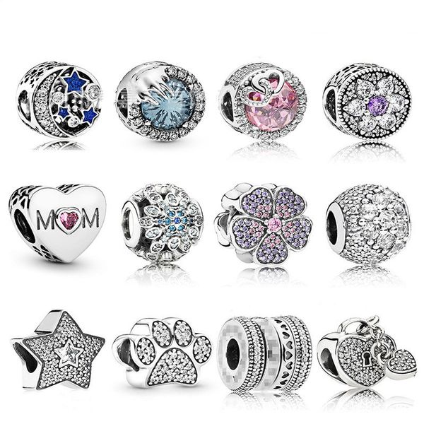 

925 sterling silver starry night snowflake love heart-shaped charm beads adapting original pandora bracelets diy jewelry, Bronze;silver