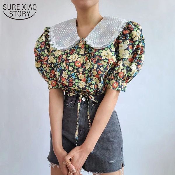 

spring and summer female fashion sweet puff sleeve women's shirt doll collar floral wild korea style blouse 14324 210508, White