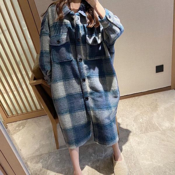 

women's wool & blends shirt style woolen plaid coat fall / winter 2021 korean loose slouchy mid long for women, Black