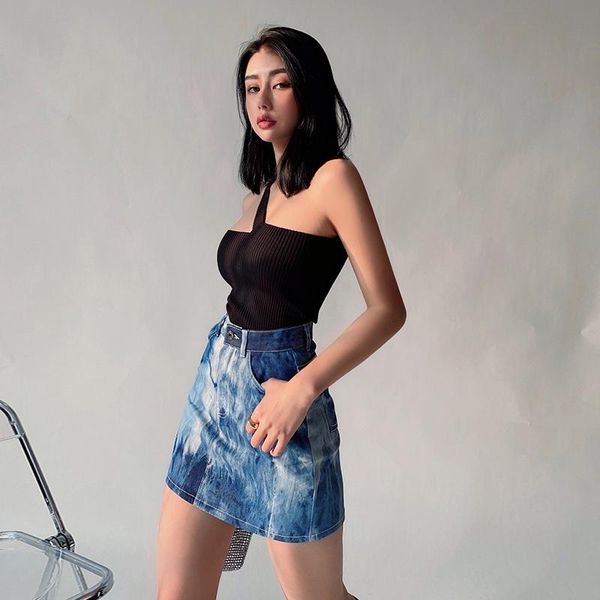 

skirts women high waist tie dye denim mini skirt, Black