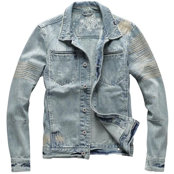 

men's jackets bonjean light blue distressed denim vintage biker motorcycle jacket embroidery ripped slim fit cowboy coat drop, Black;brown
