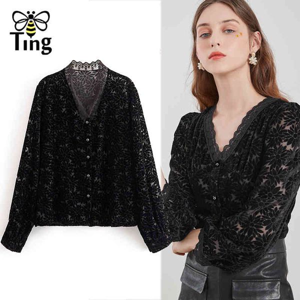 

women casual v neck button up black flower flocking blouses spring autumn street chic blusas female shirts moda fashion 210513, White