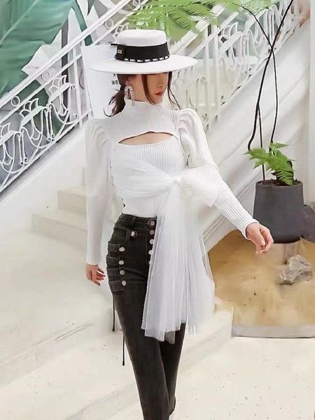 

summer knitting net yarn hollow stretch tight-fitting ladies t-shirts2021 women's wear long-sleeved fashion pullovers xl tanks & camis, White