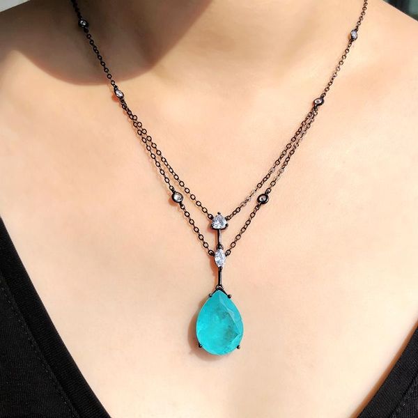 

chains vintage fusion stone water drop pendant necklace small white cubic zirconia black plated chain women statement jewelry2021, Silver