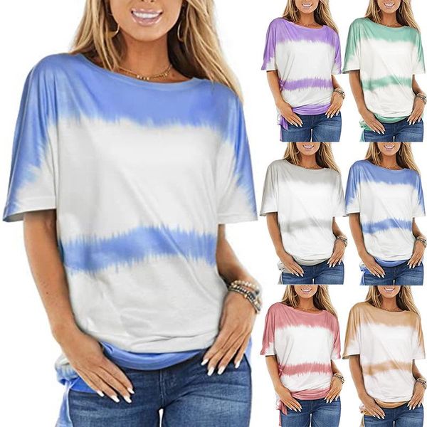 

women's t-shirt summer loose round neck short sleeve printed vintage tie-dyed stripe lady commute pullover women clothing, White