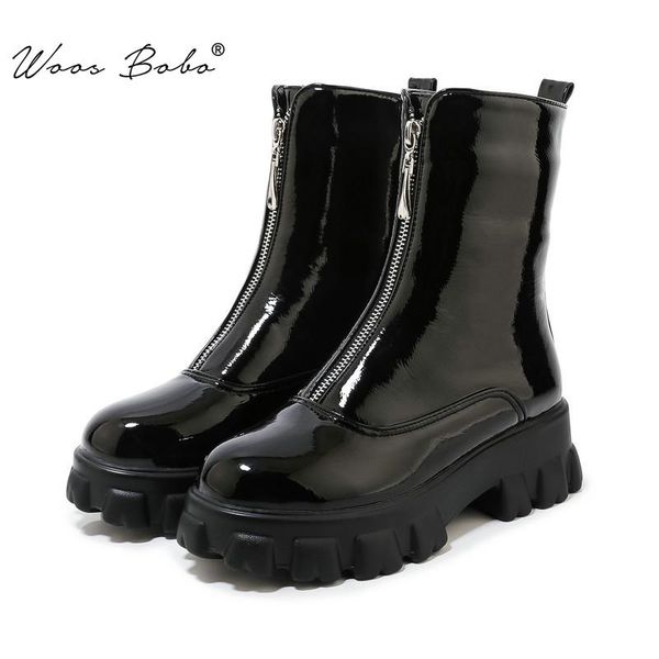 

boots autumn/winter short women platform front zipper ankle fashion british style pu leather, Black
