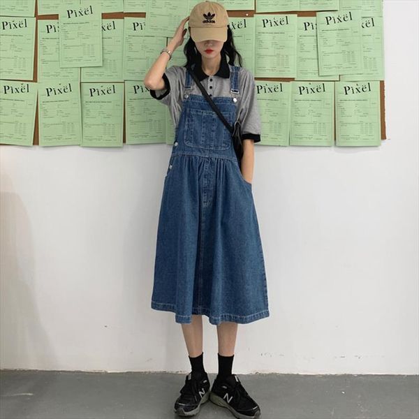

vintage preppy style suspender women skirts front pocket design a line denim overalls loose long midi jeans, Black